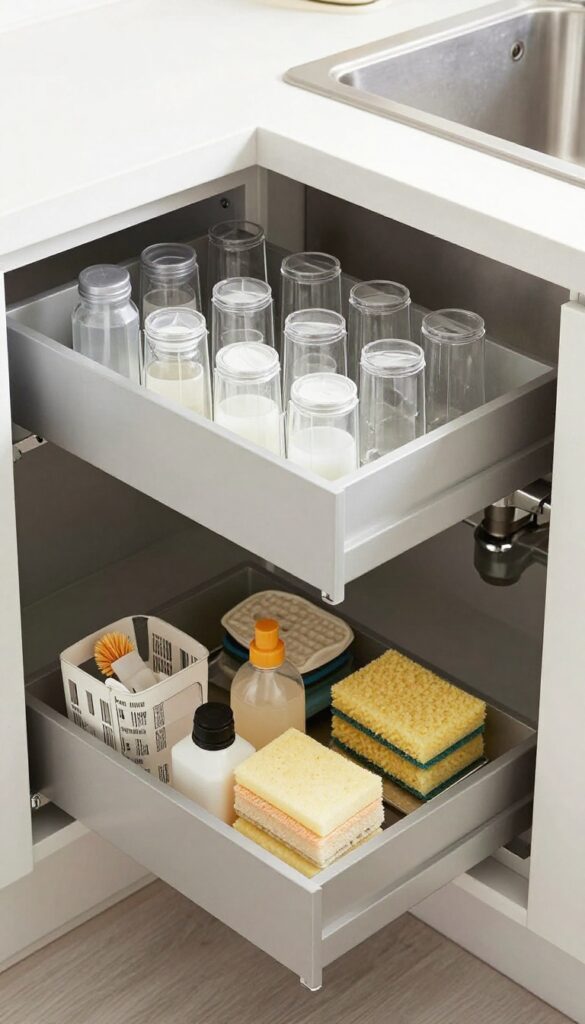 Under-sink pull-out drawers organizing cleaning supplies in a bright modern kitchen