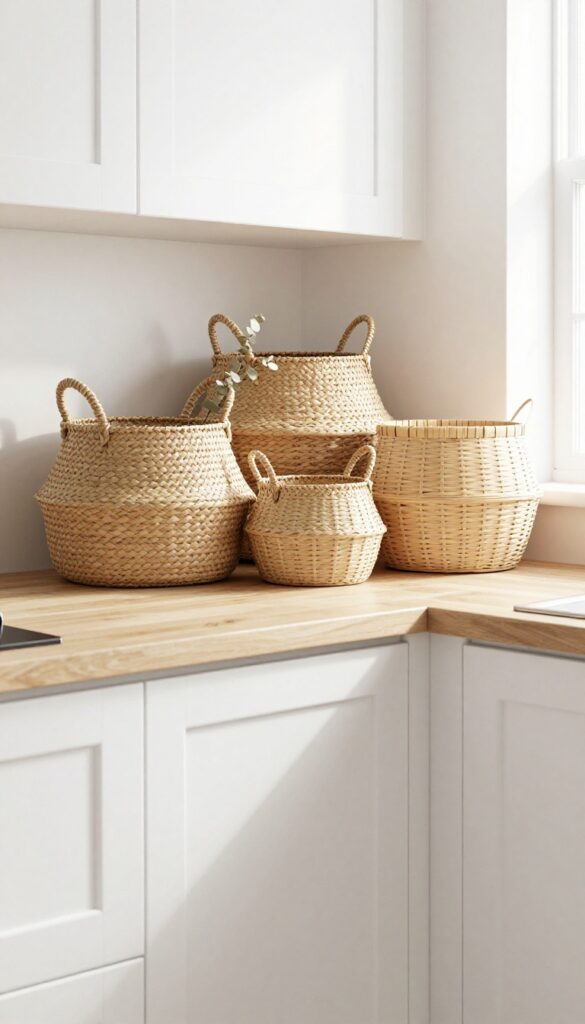 Woven baskets as wall art in a bright kitchen