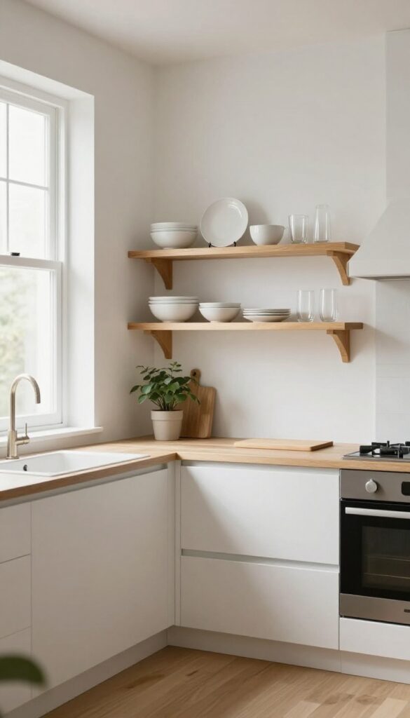 Narrow kitchen with open shelving instead of upper cabinets, displaying white dishes and glassware with a plant