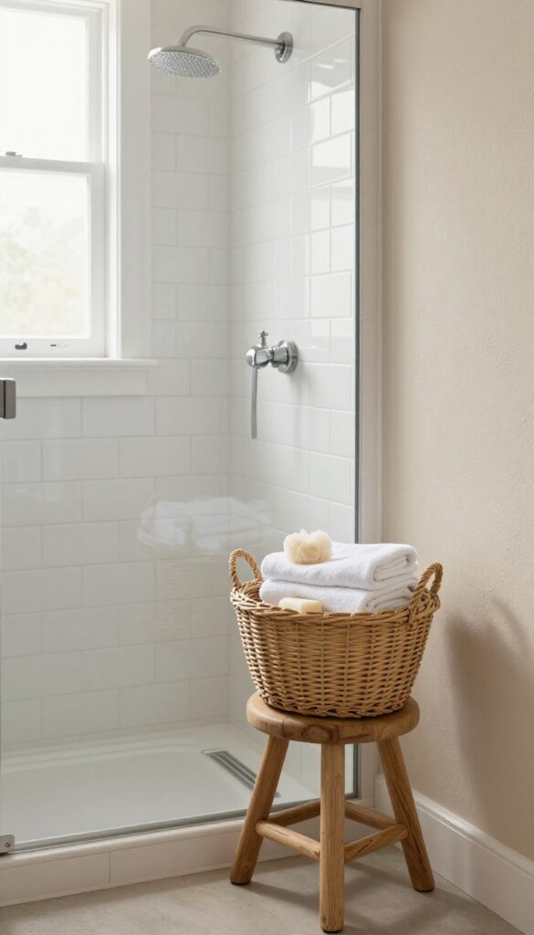 A woven basket for storage in a farmhouse bathroom shower area, showcasing rustic charm and tidy organization with towels and essentials.