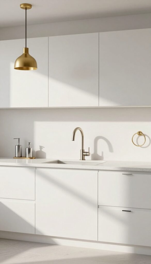 Modern kitchen with mixed metal finishes including brushed nickel faucet, matte black pulls, and brass pendant light
