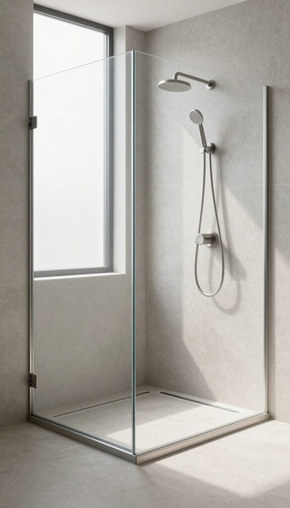 Luxurious curbless walk-in shower with linear drain and large stone tiles