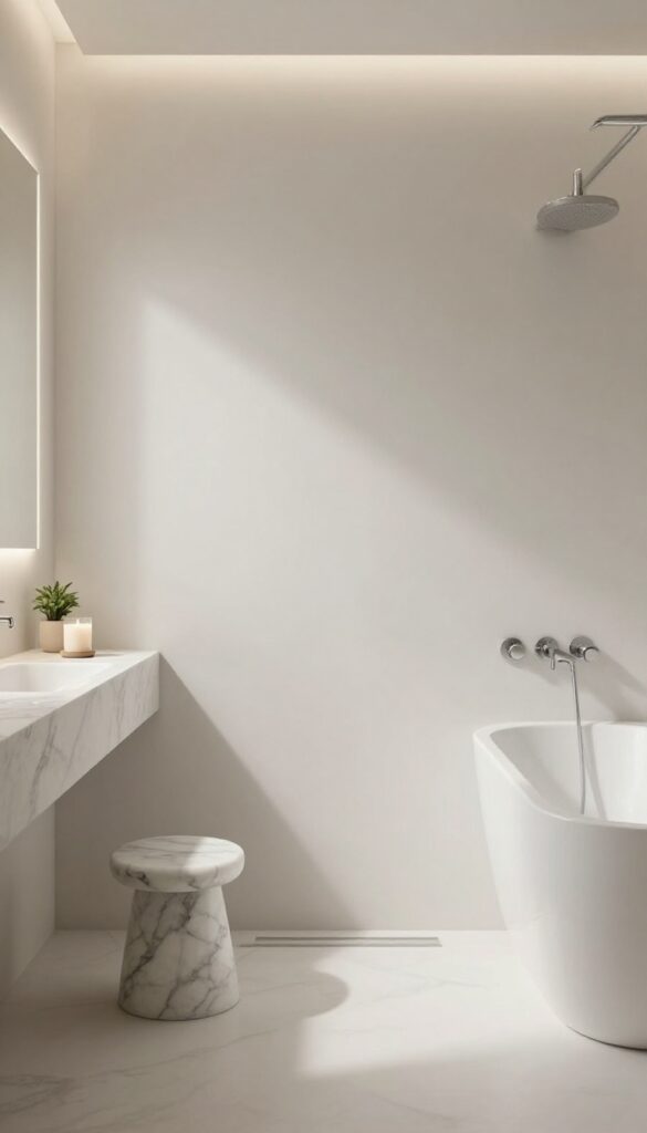 Marble stool in shower with candle and plant