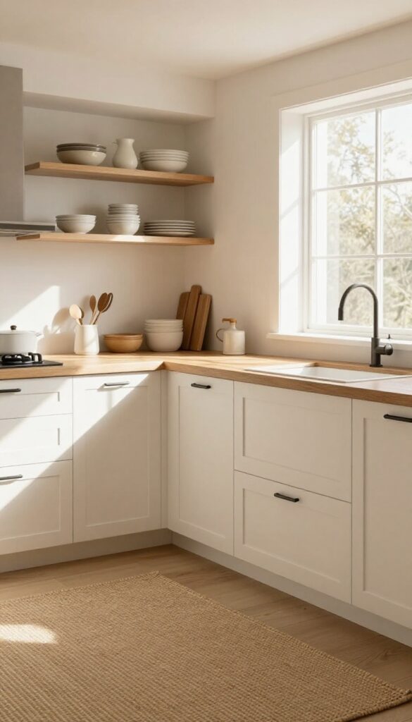 Warm off-white kitchen with wood countertops and natural light