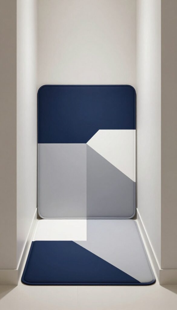 A color-blocked shower mat with bold geometric patterns in contrasting colors like navy and white or coral and gray, placed in front of a modern shower in a minimalist bathroom with neutral tones and natural lighting
