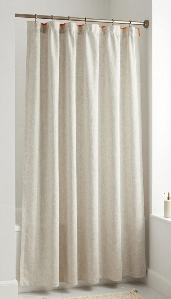 An extra long neutral linen shower curtain with contrasting trim in a minimalist bathroom setting.