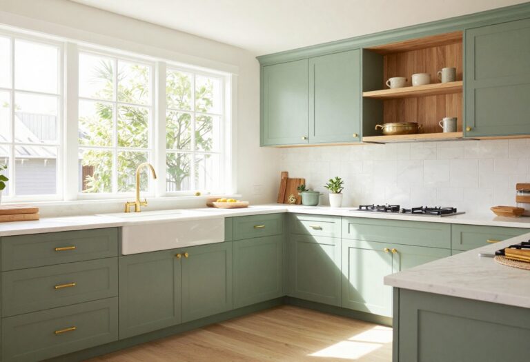 Bright kitchen with soft sage green cabinets, white countertops, and brass hardware