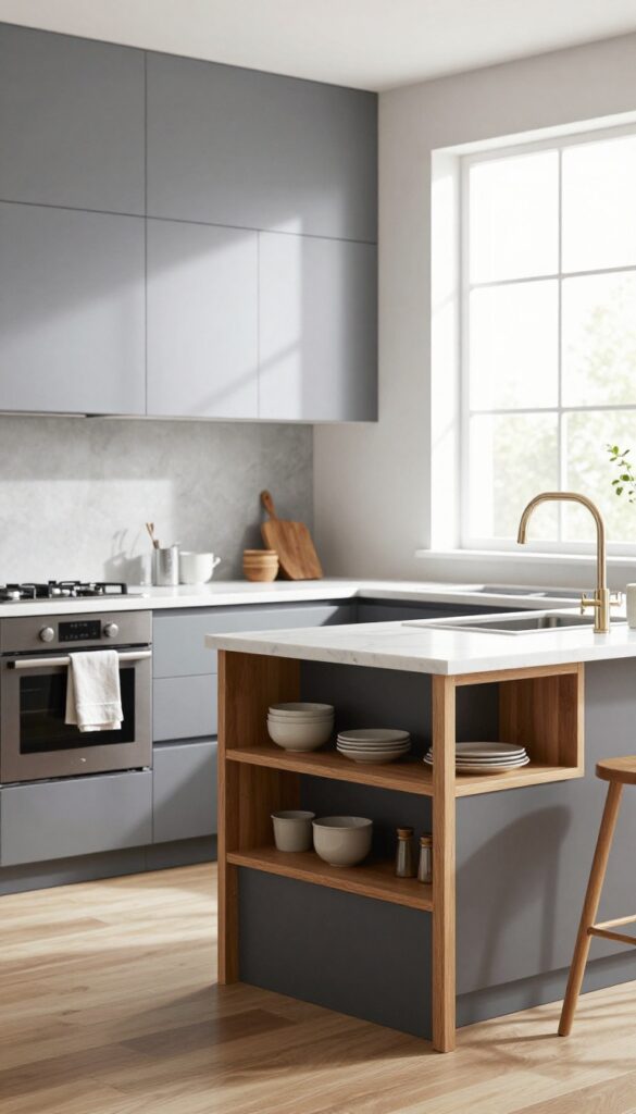 Layered gray tones kitchen with soft dove gray walls, charcoal island, white marble countertops, warm wood accents, and natural light.