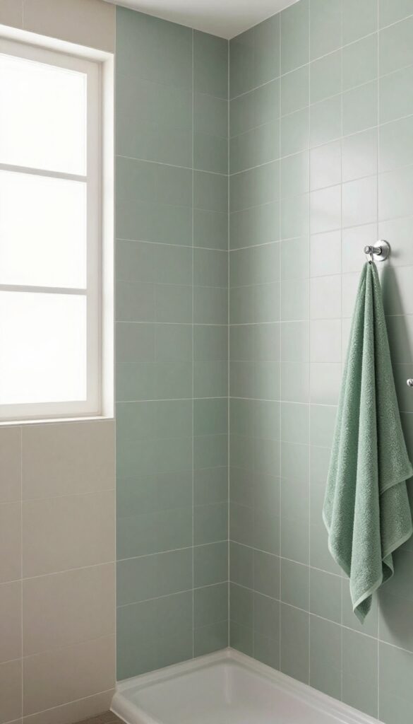 Bathroom shower with bold patterned tile accent wall in sage green and gray, paired with neutral beige tiles and matching accessories under bright natural light.