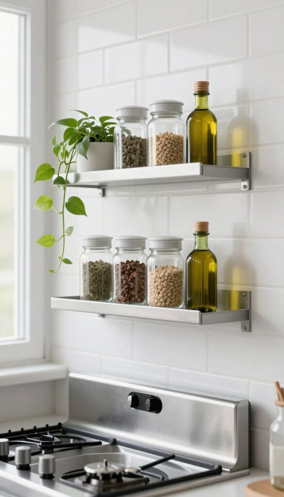 Narrow wall-mounted shelf holding spices and oils next to a stove in a bright kitchen