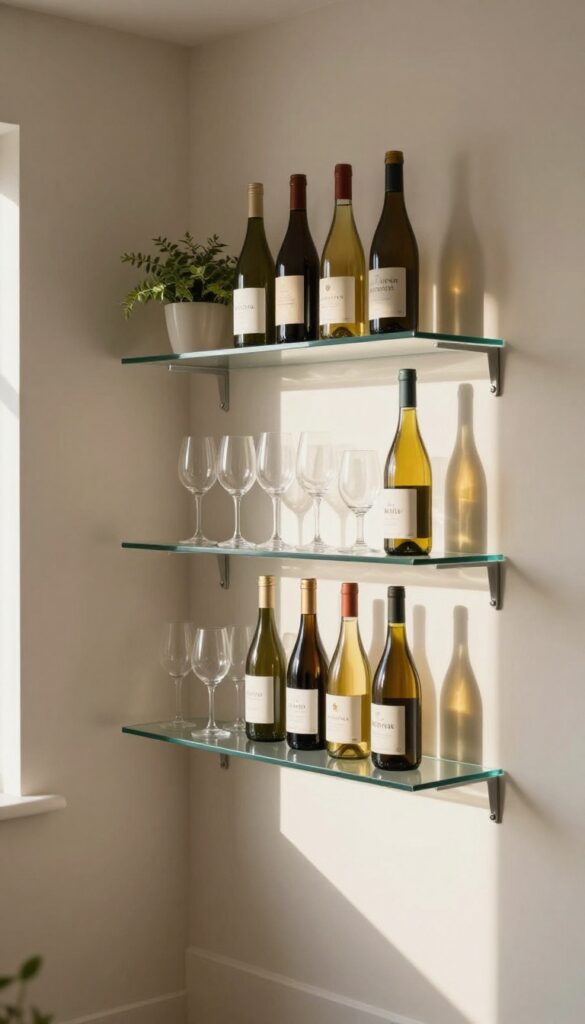 Corner wine rack with glass shelves in bright kitchen
