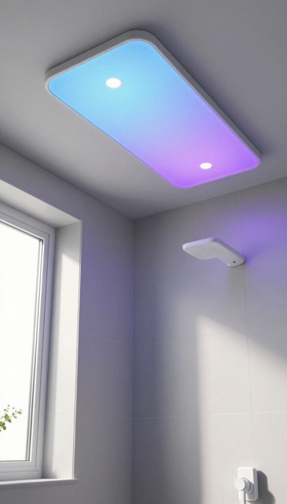 A photorealistic bathroom shower ceiling with color-changing smart bulbs casting blue and purple light in a modern, neutral-toned space.