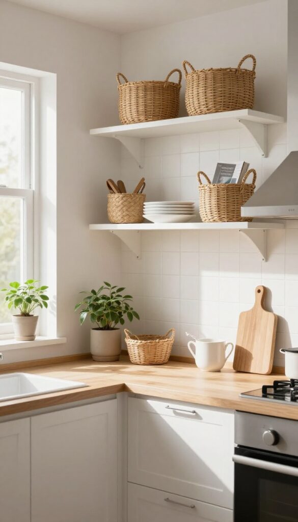 Open shelving with woven baskets in a small kitchen