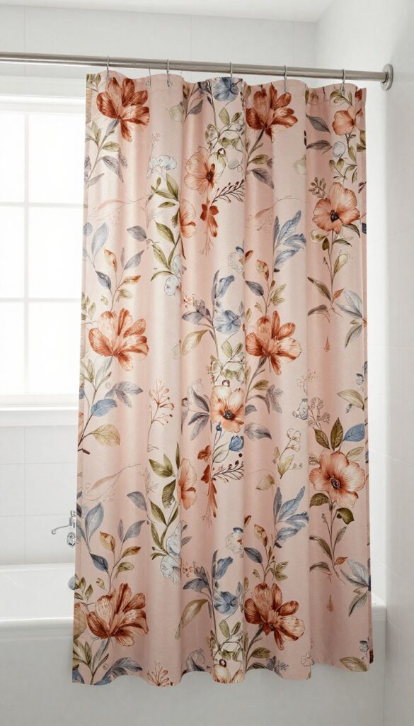 Oversized floral shower curtain in muted colors enhancing a bathroom with natural light and clean decor.