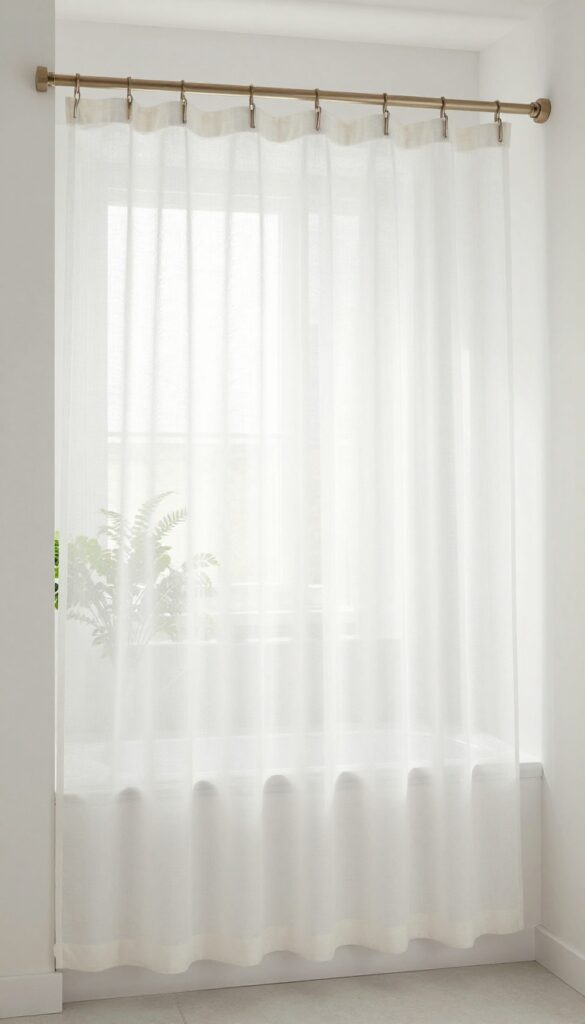 Sheer shower curtain diffusing natural light in a bright, airy bathroom with plants and simple hardware.