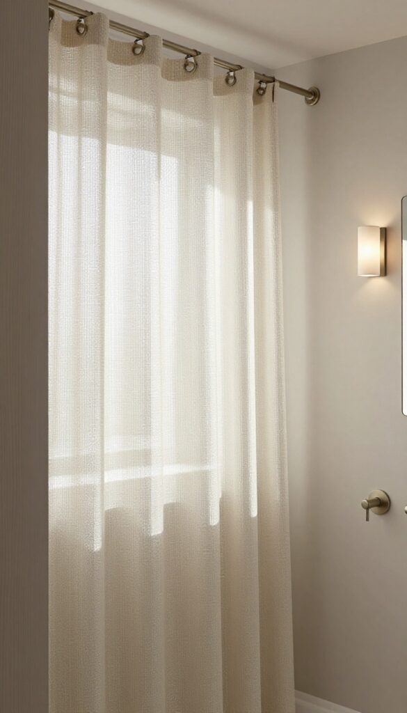 A long shower curtain with subtle metallic threads in a bright, clean bathroom with natural light and neutral decor.