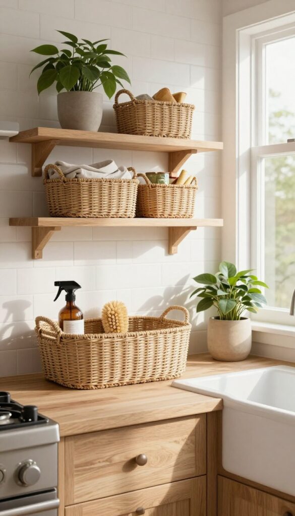 Small boho kitchen with woven baskets under sink and on shelves, organized and styled with natural textures.