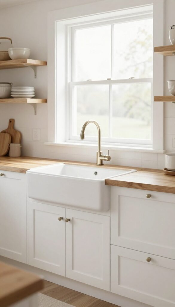 White farmhouse apron-front sink in a bright Western kitchen with gooseneck faucet and wooden cutting board.