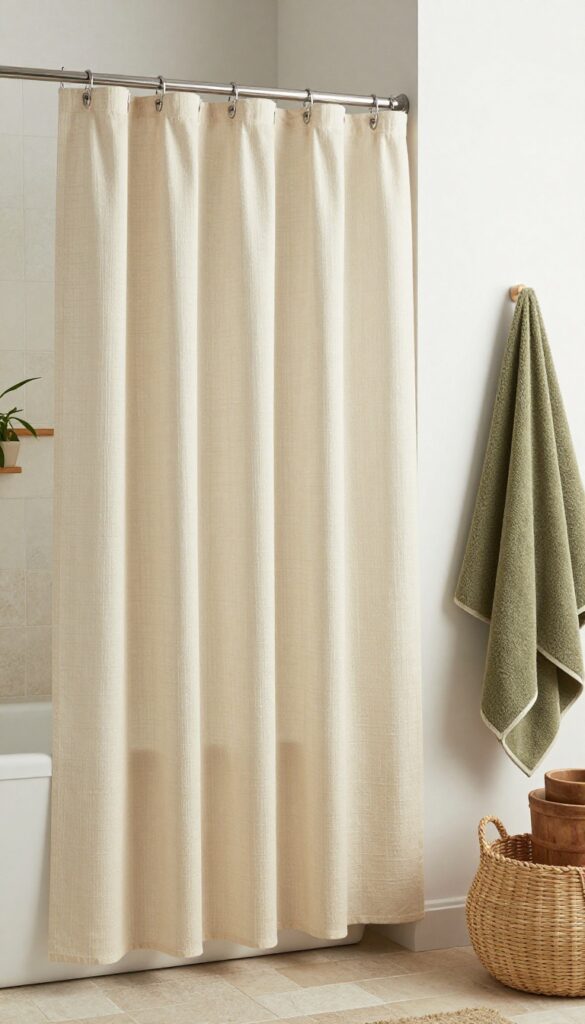 An extra long natural fiber shower curtain in a bathroom with organic texture and earthy tones, complemented by neutral towels, plants, wooden accents, and stone tiles for an eco-friendly aesthetic.
