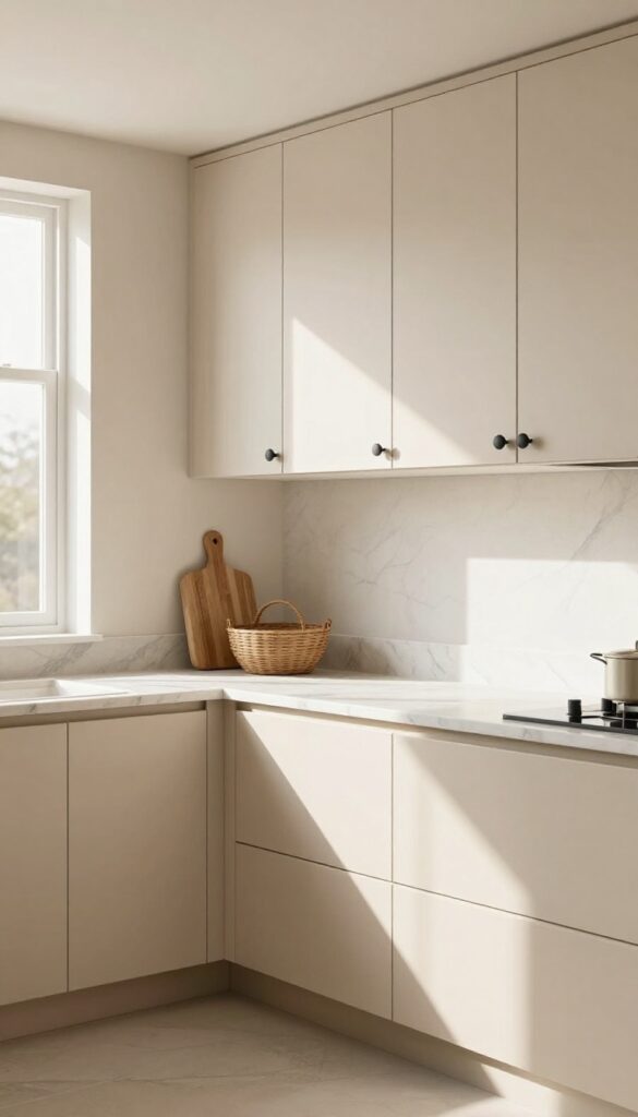 Beige kitchen with matte black hardware and natural light