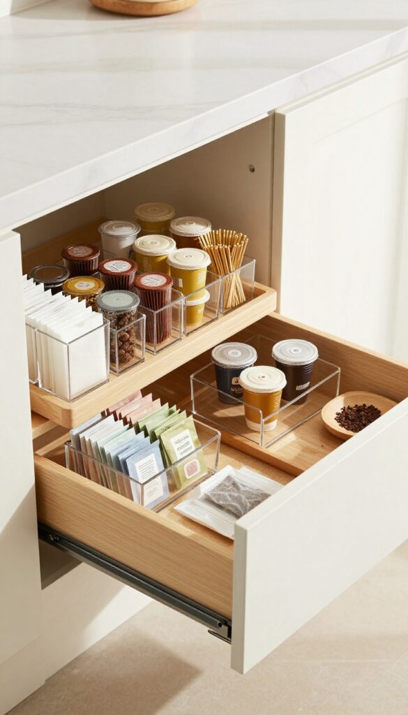 Organized kitchen drawer with coffee and tea supplies in clear containers on a wooden tray.