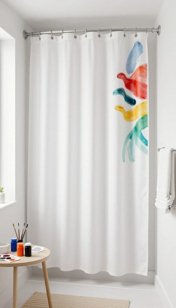 A DIY customizable shower curtain with hand-painted patterns in a bright, modern bathroom setting.