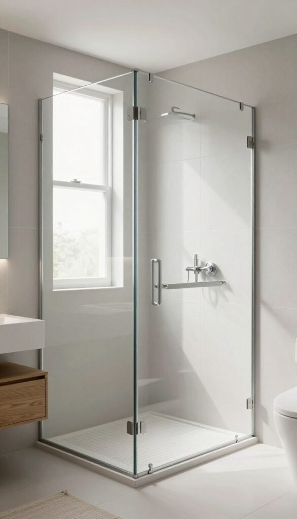A modern bathroom with a frameless glass shower enclosure in natural light