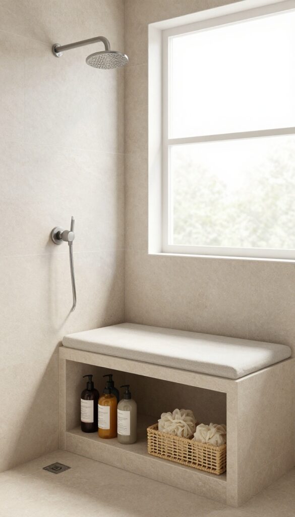 A built-in bench in a shower with storage underneath, featuring tile materials and organized baskets, in a bright, clean bathroom setting.