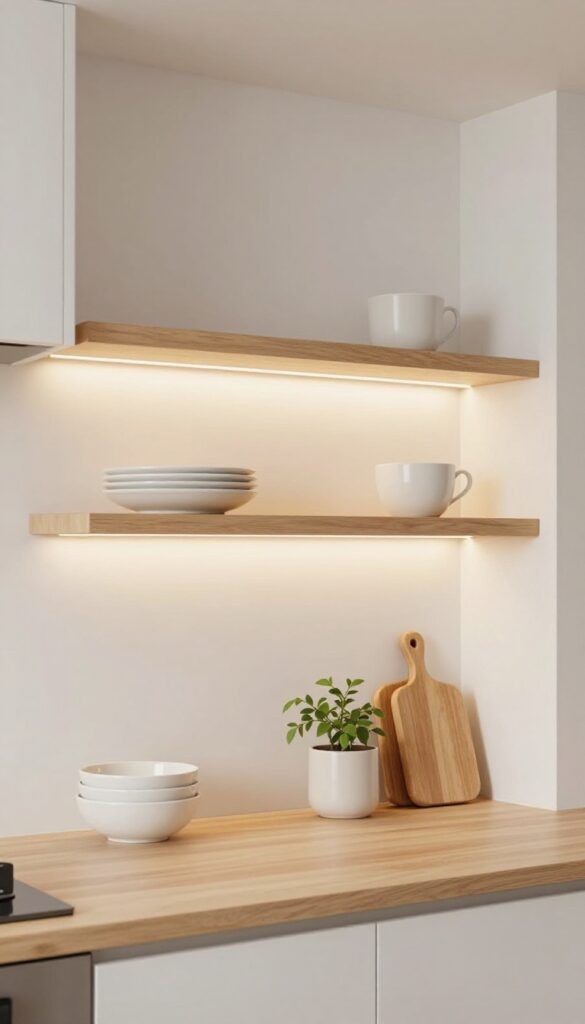 Floating shelves with under-shelf LED lighting in a modern kitchen, illuminating dishes and a plant on the countertop.