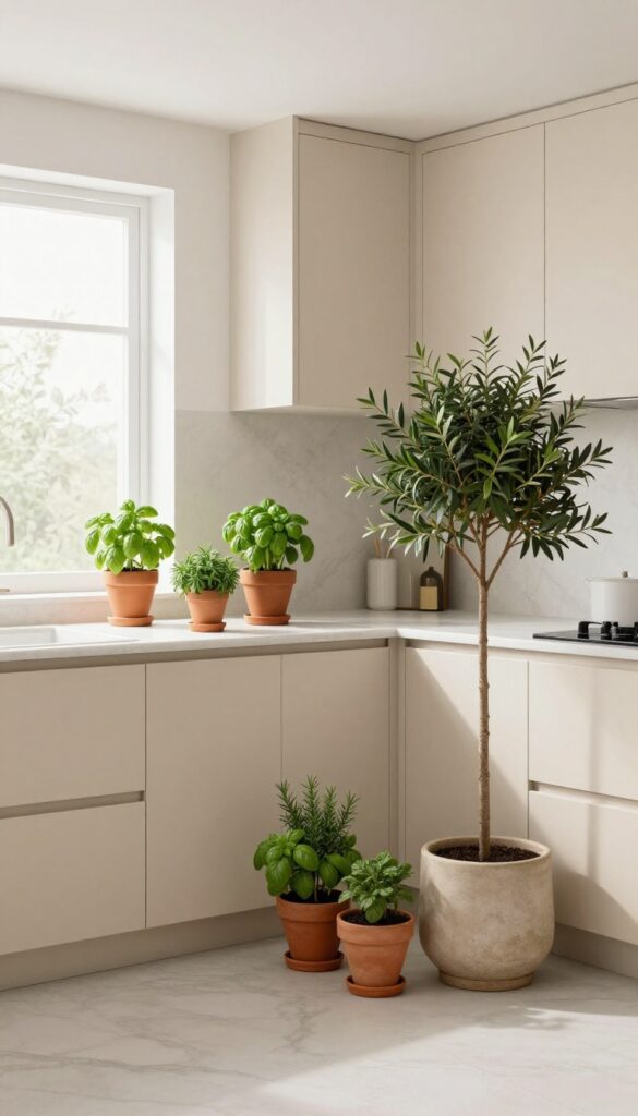 Beige kitchen with potted herbs and olive tree on countertop