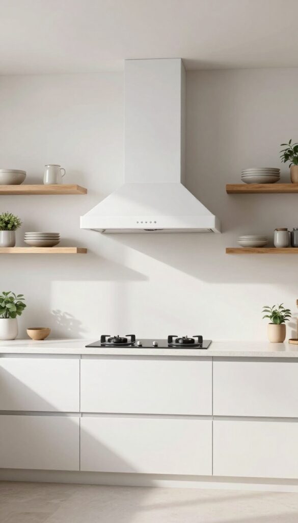 Slim rectangular range hood integrated with floating shelves in a bright modern kitchen