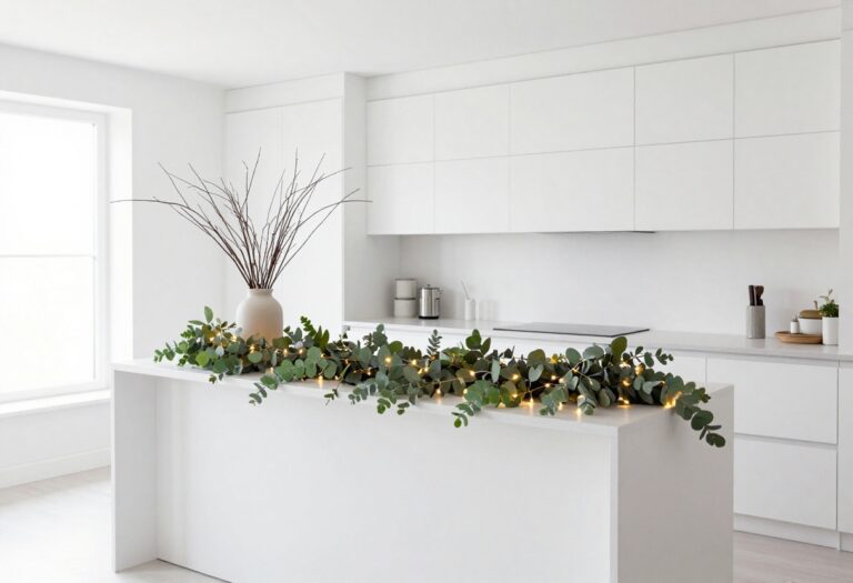 Modern kitchen island with minimalist Christmas decor featuring eucalyptus garland and fairy lights.