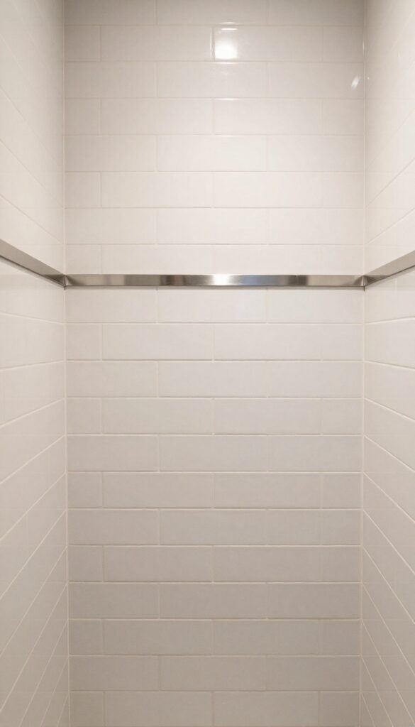 Vertical tile shower with mixed material accent strip for layered depth in a modern bathroom.