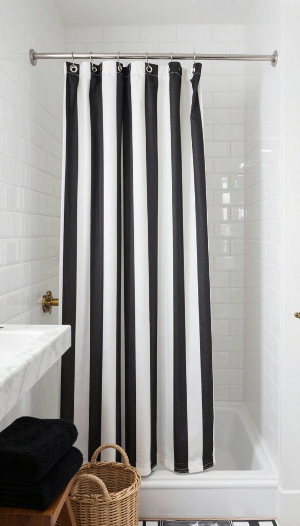 A modern bathroom with a black and white striped shower curtain in bright natural light, featuring subway tiles, marble countertop with brass hardware, black towels on a wooden stool, and a woven basket for a clean and elegant decor look.