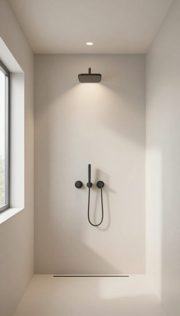 Modern minimalist bathroom with dimmable recessed can lights in the ceiling above a clean shower area, demonstrating adjustable lighting for ambiance in home decor inspiration.