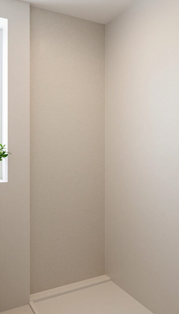 A textured tile accent wall on a knee wall in a shower with bright natural light and clean composition.
