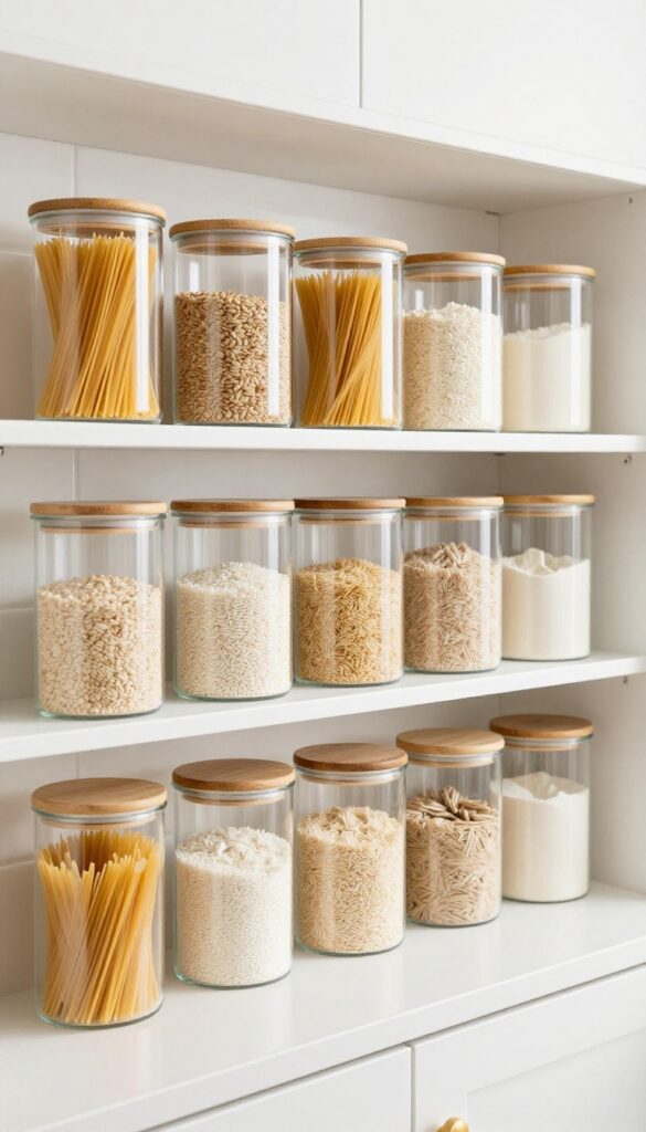 Clear glass canisters with bamboo lids on a kitchen shelf, filled with pasta and grains, neatly labeled and arranged
