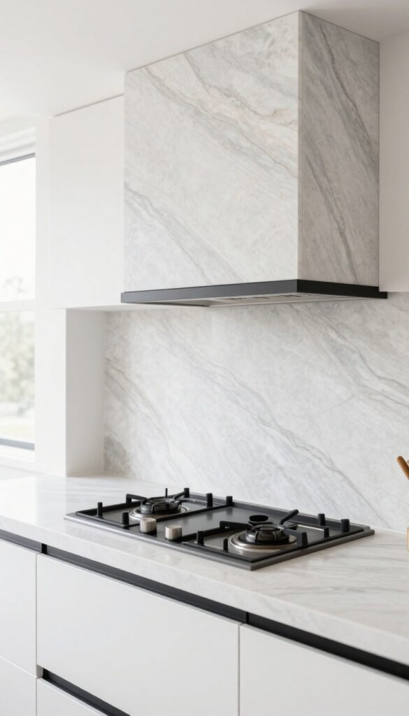 Modern kitchen with natural stone backsplash showing flowing veining, white quartz countertops, and matte black fixtures in bright natural light.