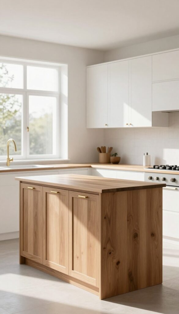 Bright white kitchen with a two-tone brown island, brass hardware, and natural light