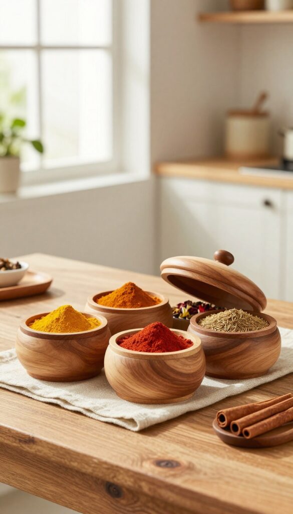 Wooden spice box centerpiece on dining table with colorful spices and dried flowers in natural light