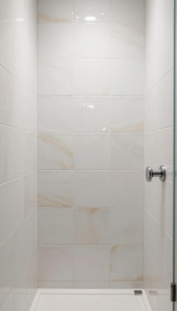 Shower with Zellige-look porcelain tiles in white or sand shade under natural light, highlighting soft texture and uneven glaze for a warm, stylish bathroom.