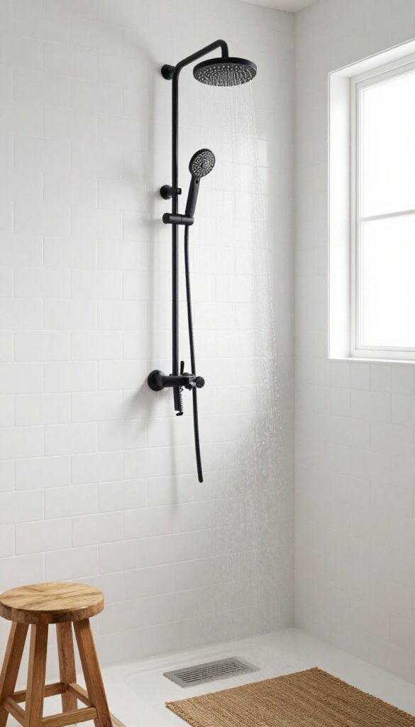 A farmhouse bathroom with a matte black rainfall showerhead against white tiles, showcasing modern luxury and rustic charm in bright natural light.
