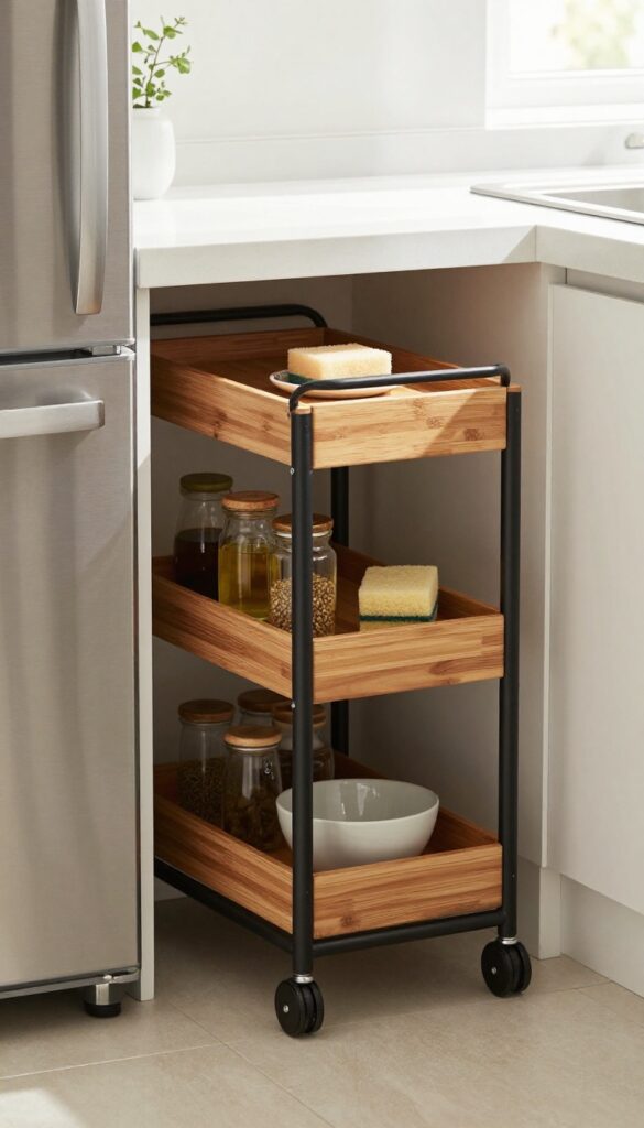 Slim rolling trolley stored in a narrow gap between fridge and counter, holding jars and a tray, bright natural light, photorealistic kitchen interior.