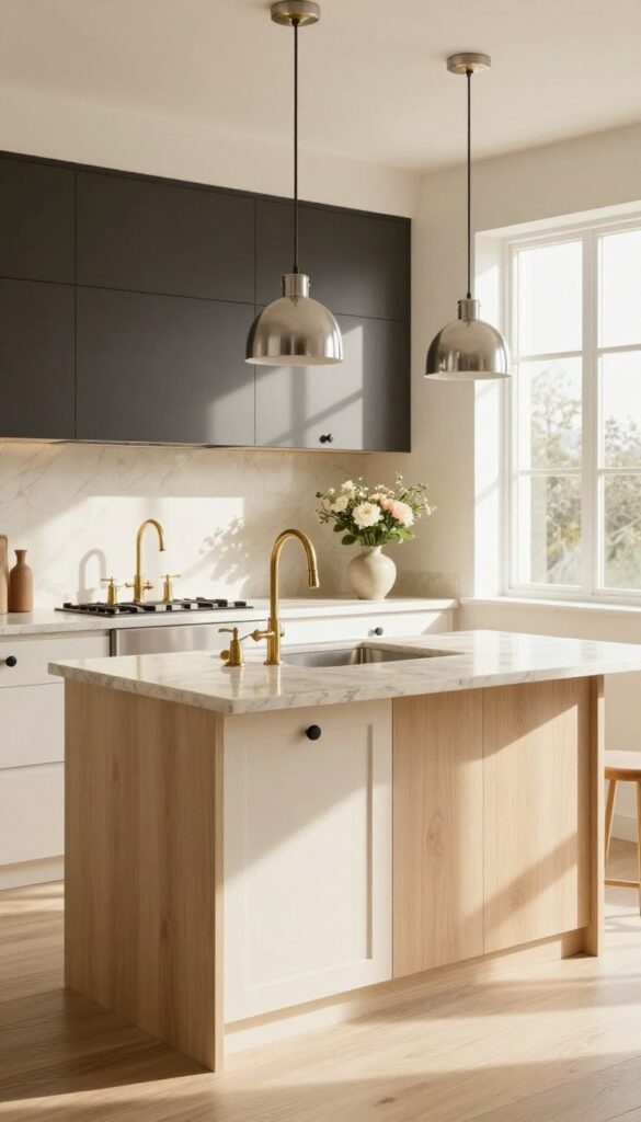 Cream kitchen with mixed metal finishes including brass faucet, black cabinet pulls, and chrome pendant lights