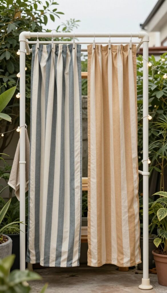 A hanging shower curtain setup outdoors with striped curtains on a simple frame, surrounded by plants and fairy lights, illustrating a flexible DIY outdoor shower idea.