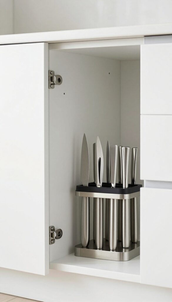 Open kitchen cabinet door with magnetic knife strip holding knives inside