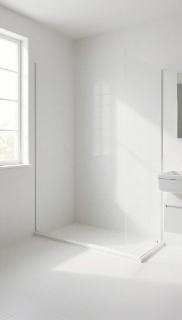 A walk-in shower with floor-to-ceiling large-format matte white tiles, designed to reduce visual clutter and create a calm, modern bathroom aesthetic.