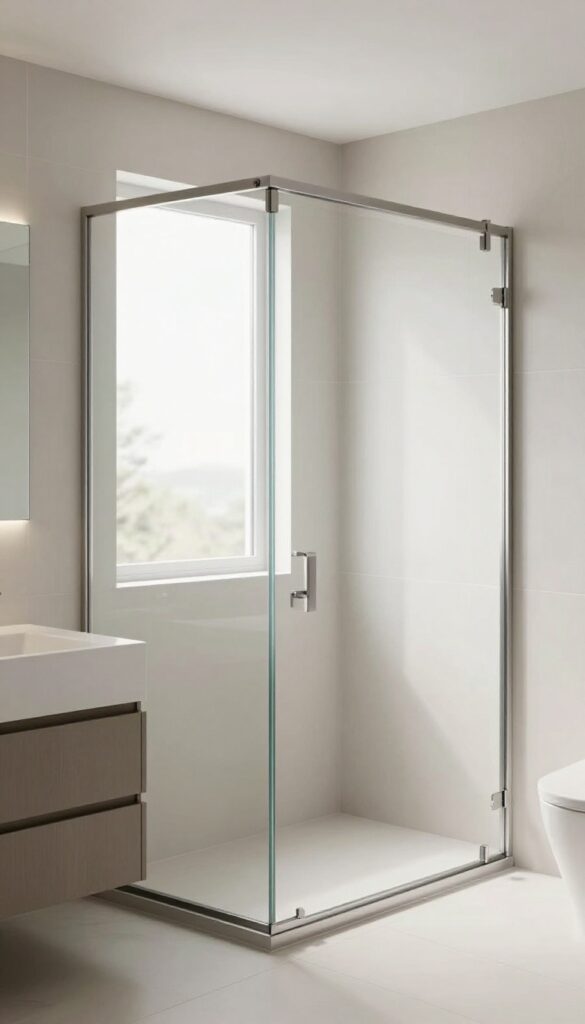A modern bathroom shower with sliding glass doors in natural light, highlighting sleek design and space-saving features for easy access.