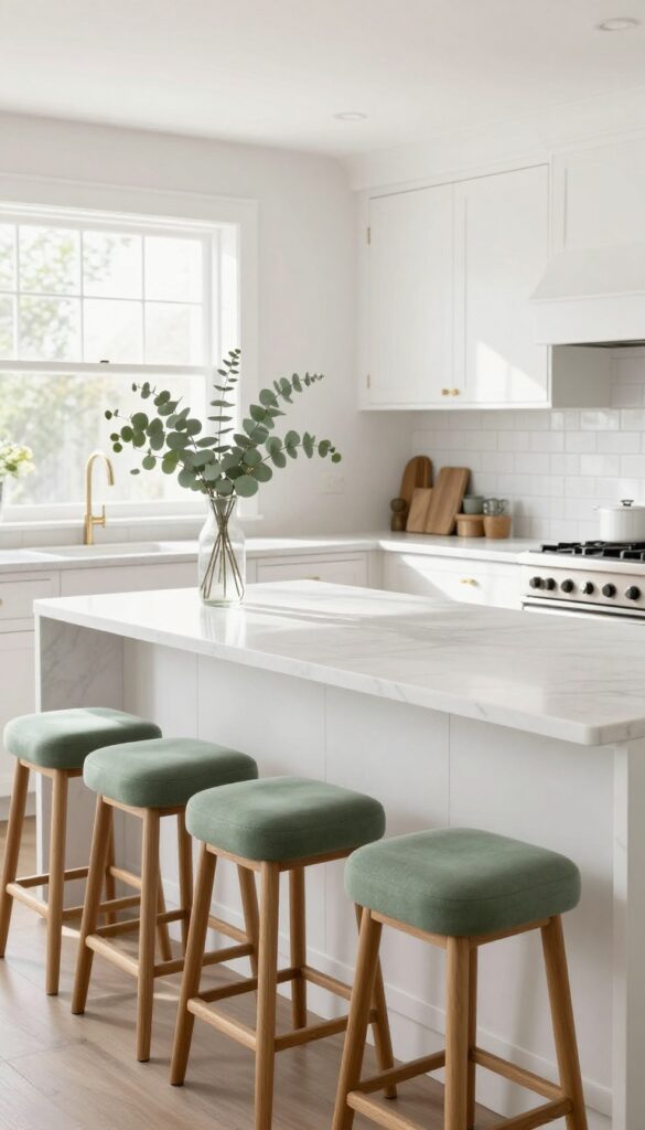 Kitchen island with three sage green bar stools, white cabinets, marble countertop, and eucalyptus vase.