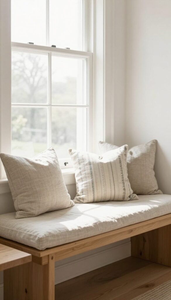 Cozy kitchen window seat with neutral cushions and pillows, bathed in natural light, creating an inviting reading nook.